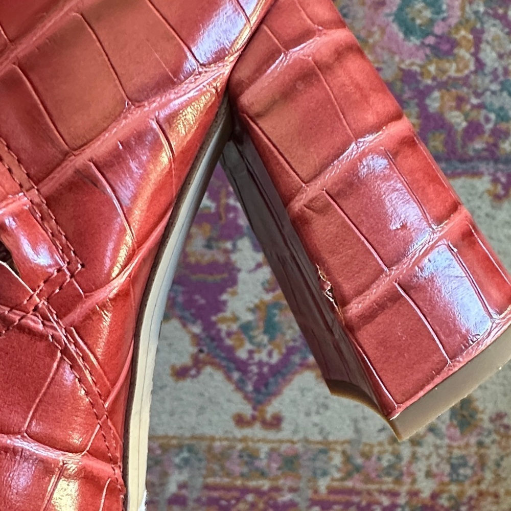 Sam Edelman Red Orange Croc-Embossed Block Heel Ankle Boots - Picture 8 of 8